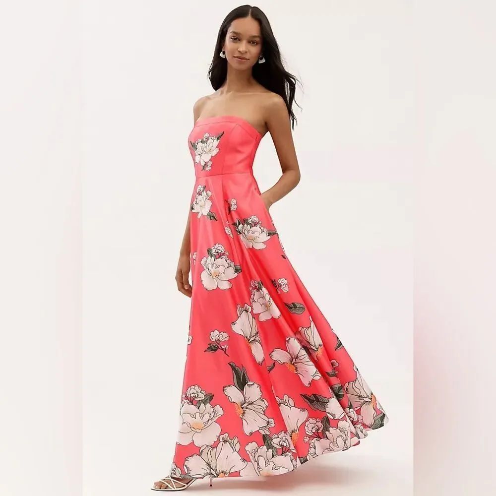 Anthropologie x BHLDN Savannah Strapless Printed Satin A-Line Maxi Dress